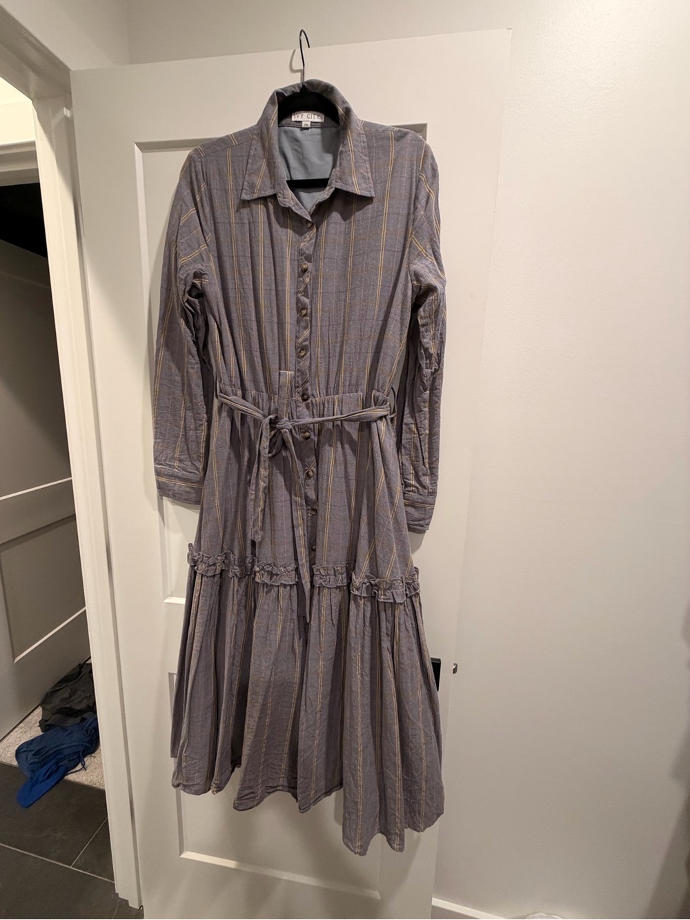 Ivy City Co Gray Dress with Yellow Stripes — Button-Front Long Sleeve